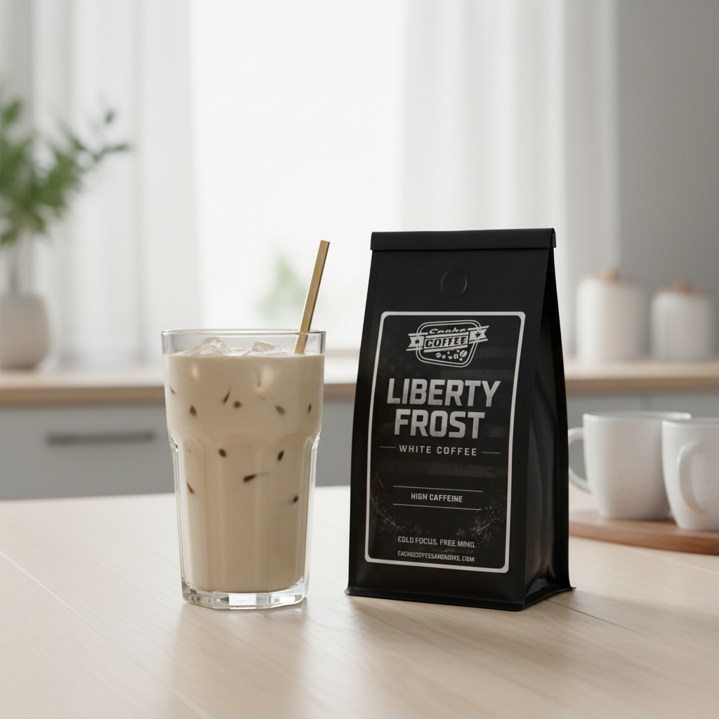 Liberty Frost white coffee bag with iced coffee lifestyle shot